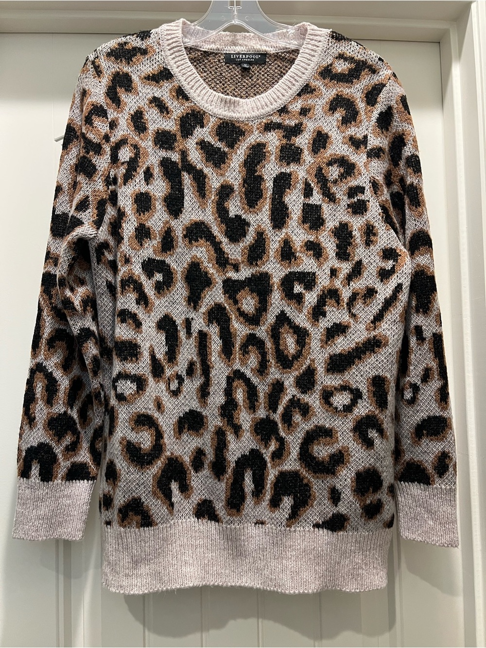 Liverpool Leopard Print Crewneck Sweater in Taupe, Black & Brown - Like New